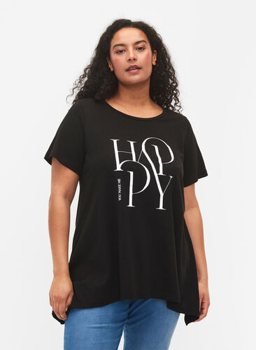 T-shirt van katoen met tekstopdruk, Black HAPPY, Model image number 0