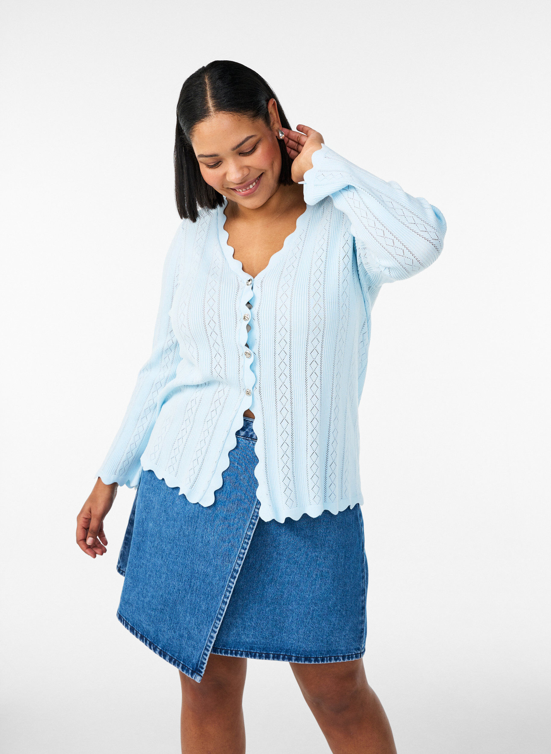 Zizzi Korte A-lijn denimrok, Blauw, Model image number 3