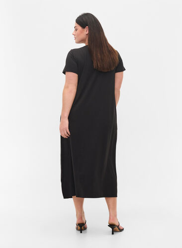 Gestreepte midi-jurk met korte mouwen, Black Solid, Model image number 0