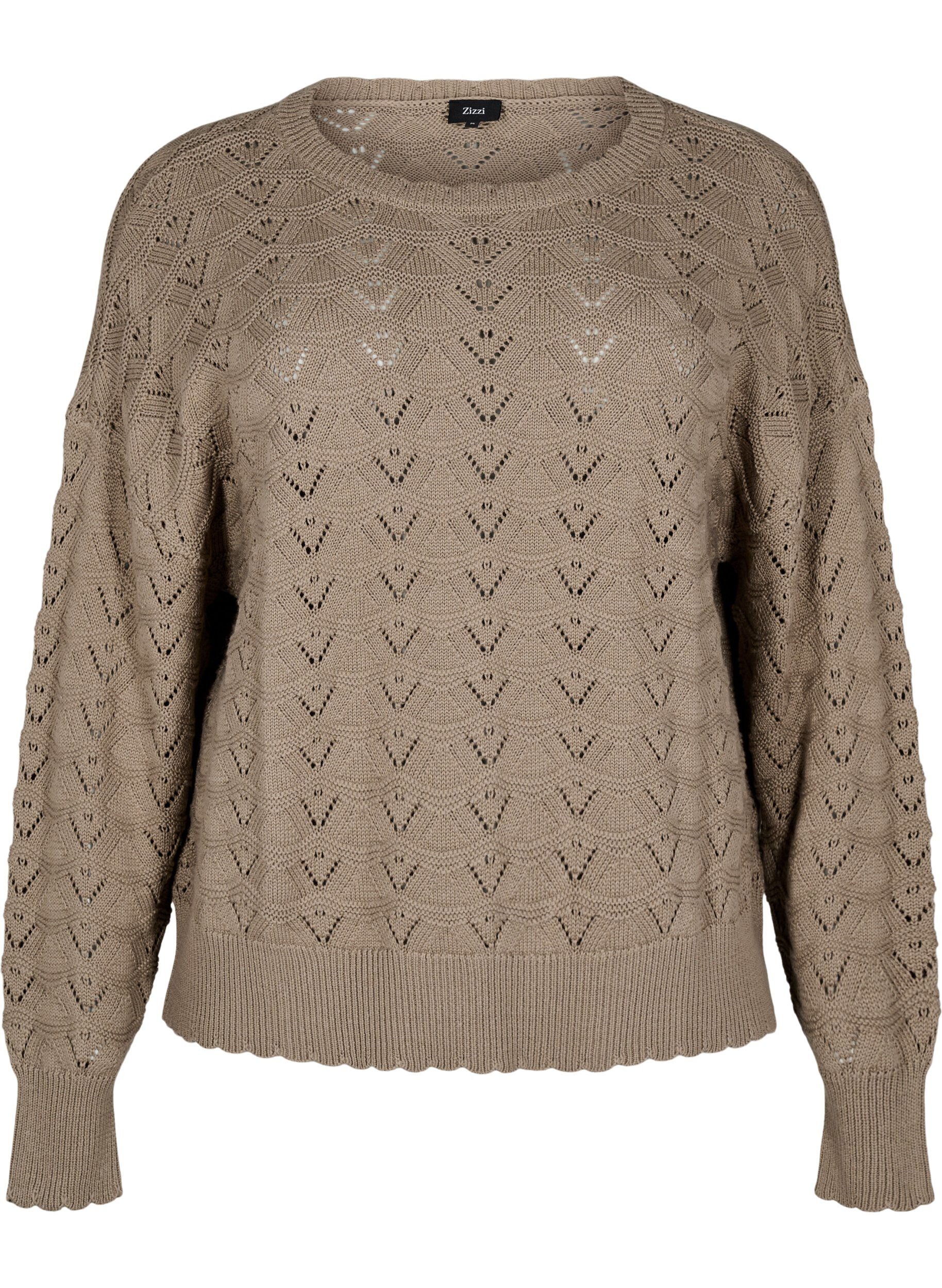 Zizzi Gebreide blouse met lange mouwen en een opengewerkt patroon, Desert Taupe, Packshot image number 0