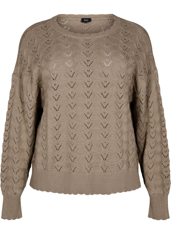 Gebreide blouse met lange mouwen en een opengewerkt patroon, Desert Taupe, Packshot image number 0