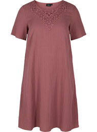 Katoenen jurk met korte mouwen en borduursel, Rose Brown