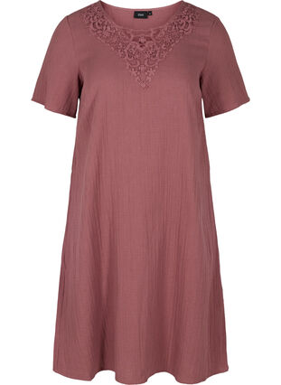 Katoenen jurk met korte mouwen en borduursel, Rose Brown, Packshot image number 0
