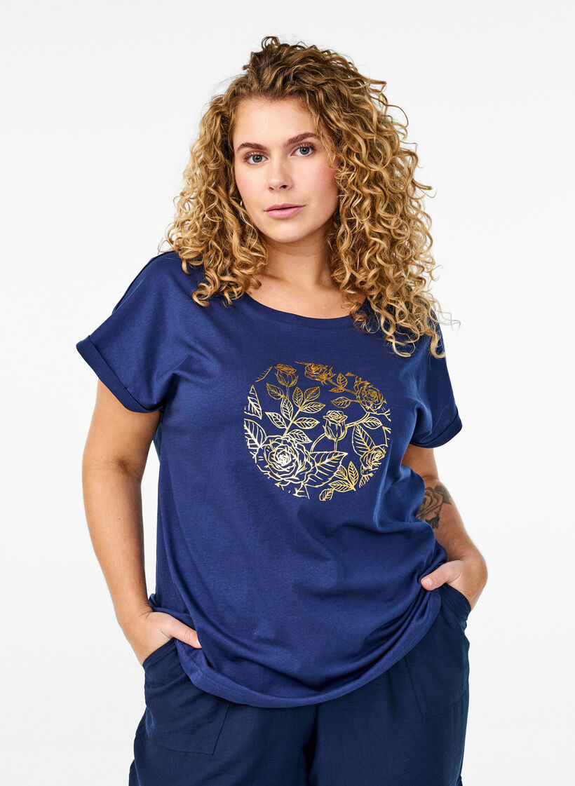T-shirt met gouden bloemenprint, Naval A. Gold Rose, Model image number 0
