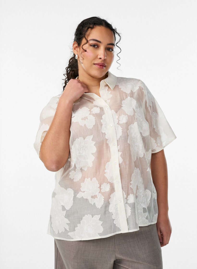 Transparante blouse met bloemenprint, Beige, Model image number 0