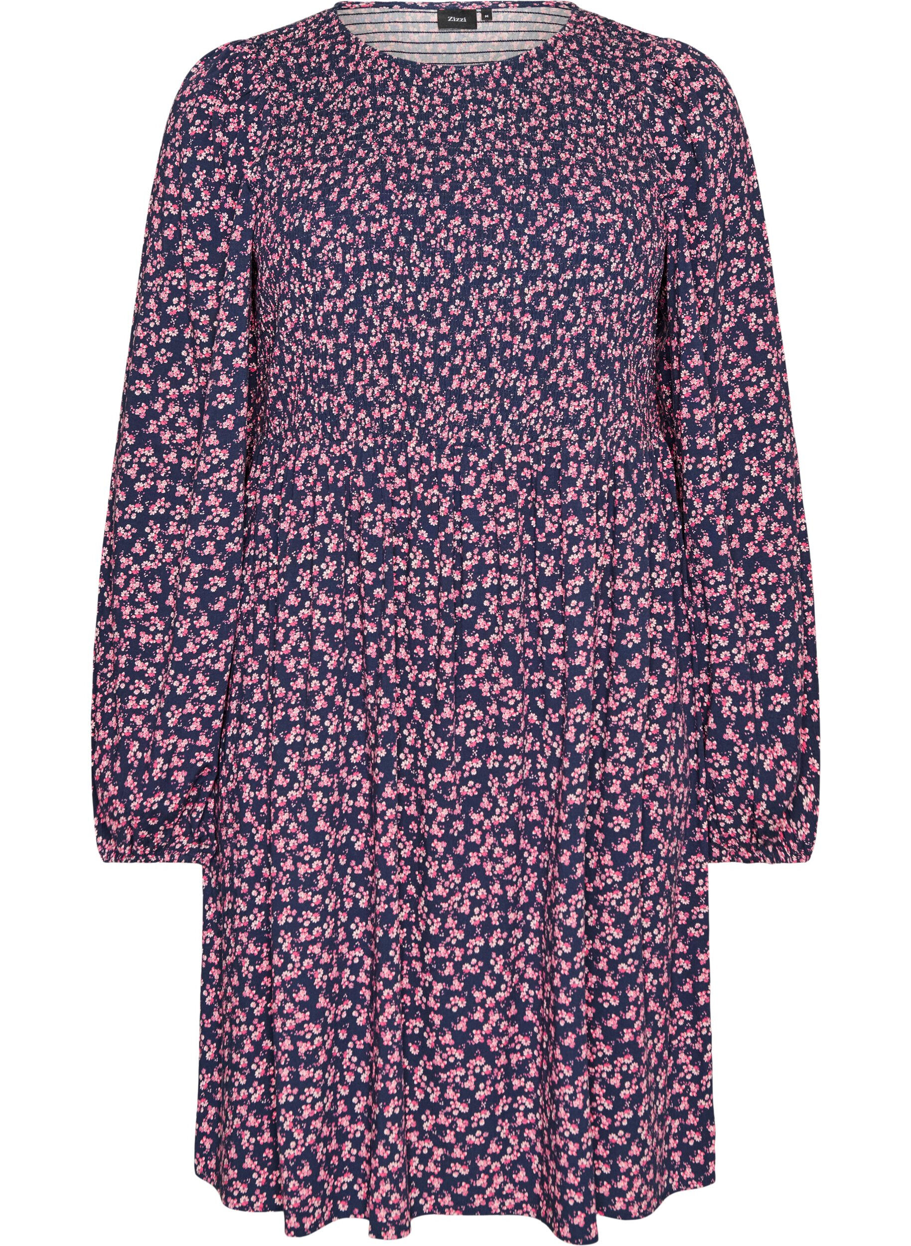 ZizziJurk met een gesmokte top en fijn bloemetjespatroon, Blauw, Packshot image number 0