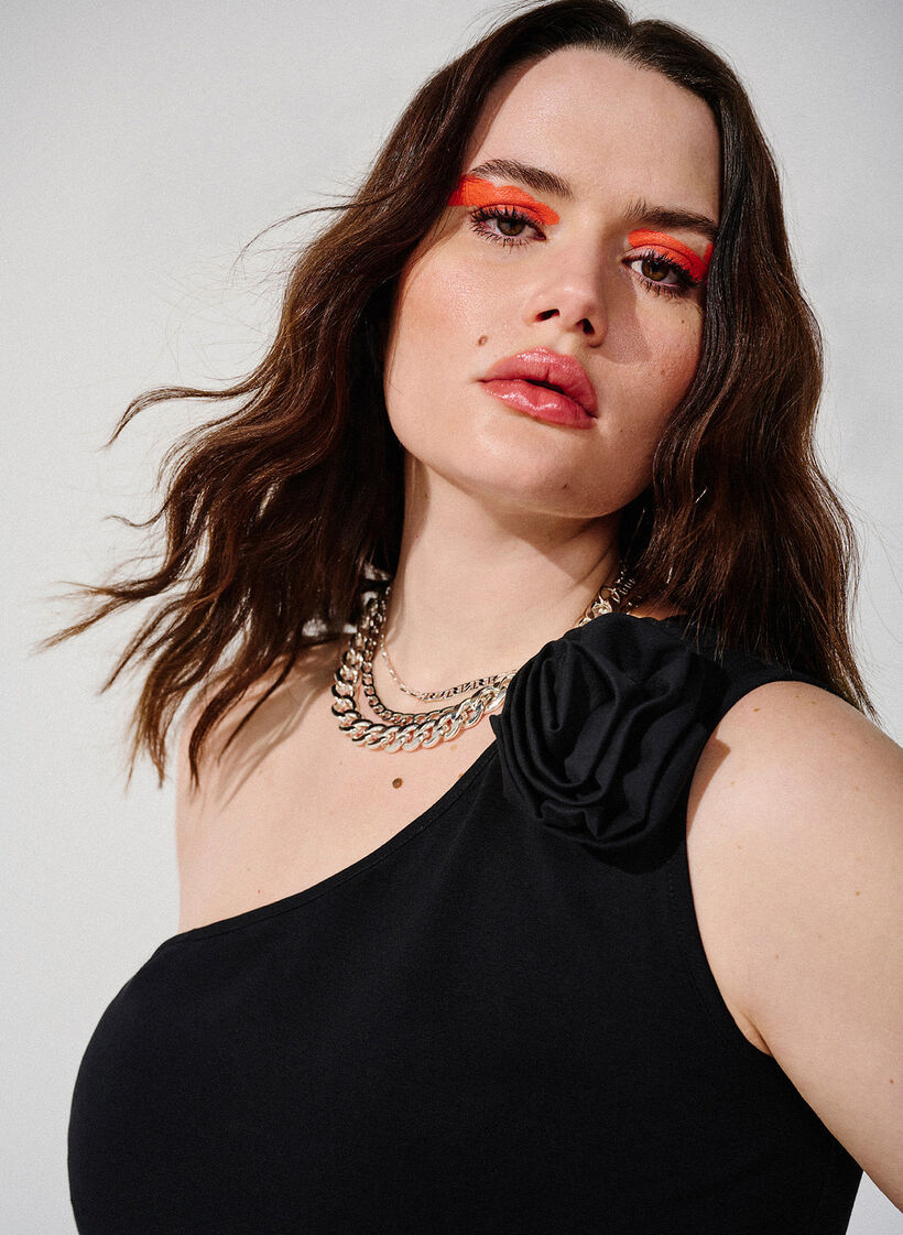 Topje met één blote schouder met roos, Black, Image image number 0