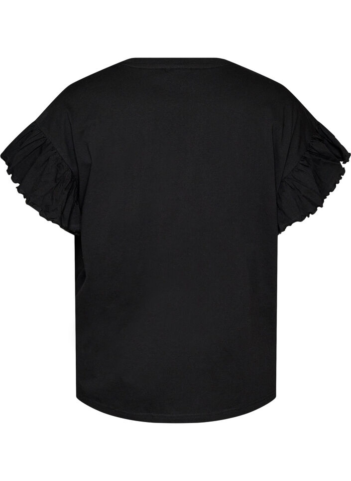 T-shirt van biologisch katoen met ruches mouwen, Zwart, Packshot image number 1