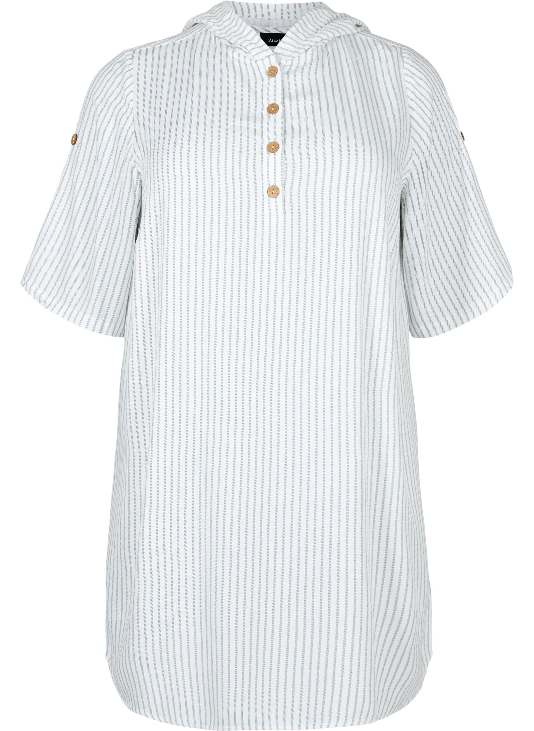 Zizzi Tuniek van viscose met korte mouwen en capuchon, Chinois Green Stripe, Packshot image number 0