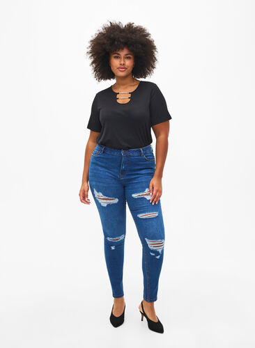 Slim fit jeans met slijtagedetails, Blue Denim, Model image number 0