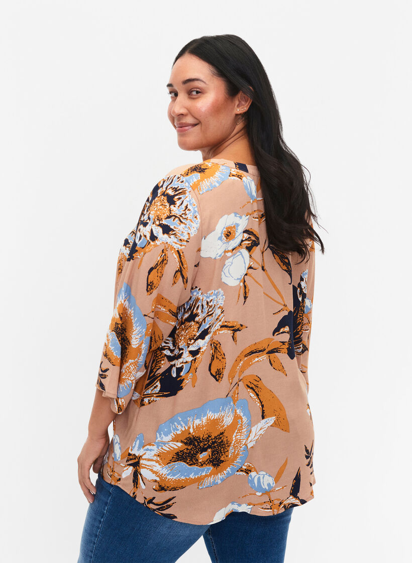 Blouse van Viscose met 3/4 mouw, Blue Flower AOP, Model image number 1