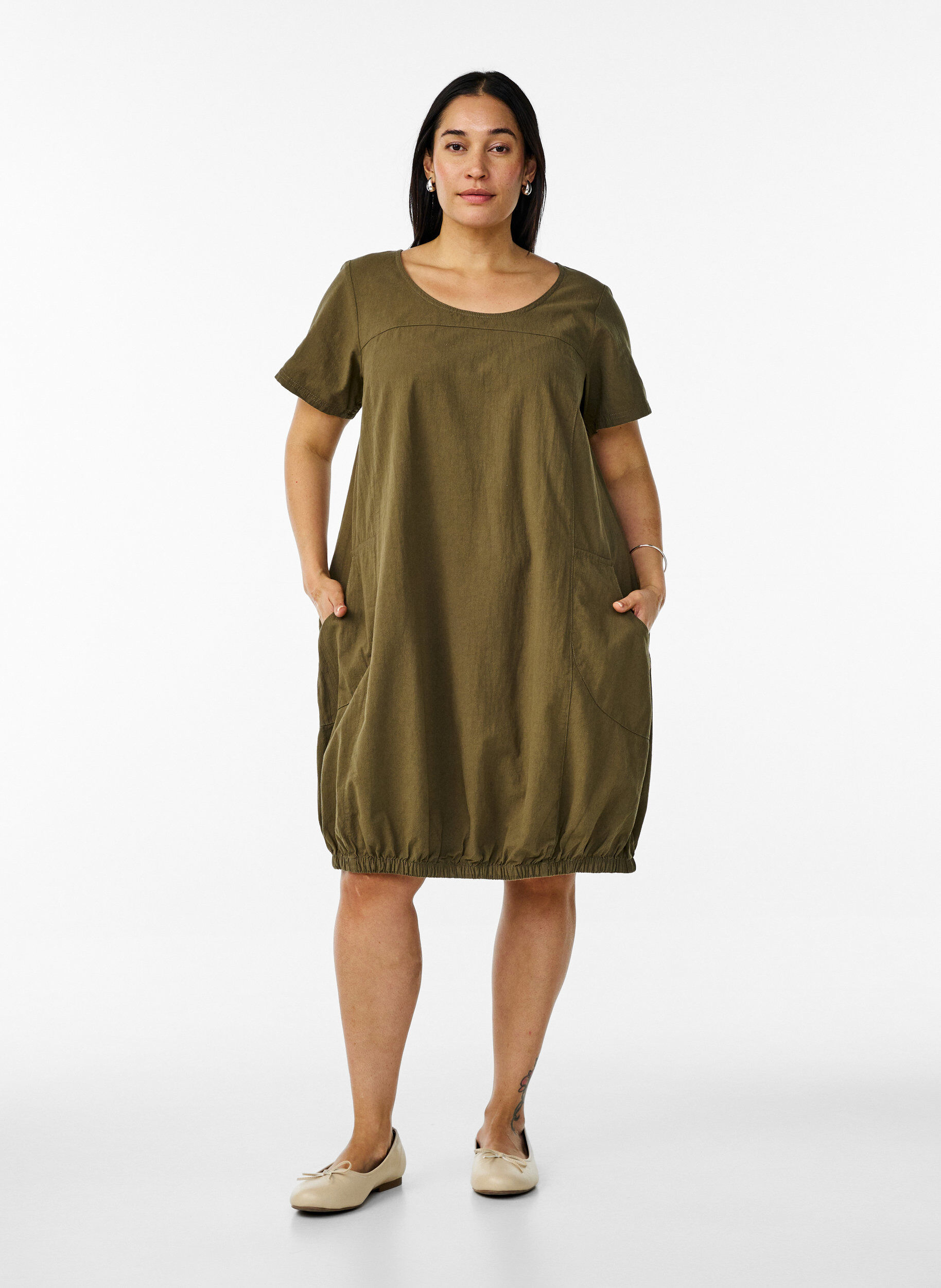 ZizziKatoenen jurk met korte mouwen, Groen, Model image number 1