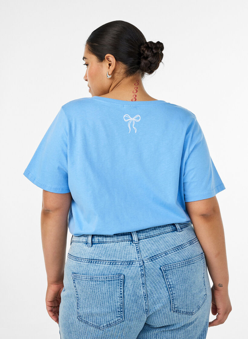 Katoenen T-shirt met V-hals en print aan de voorkant, Blauw, Model image number 2
