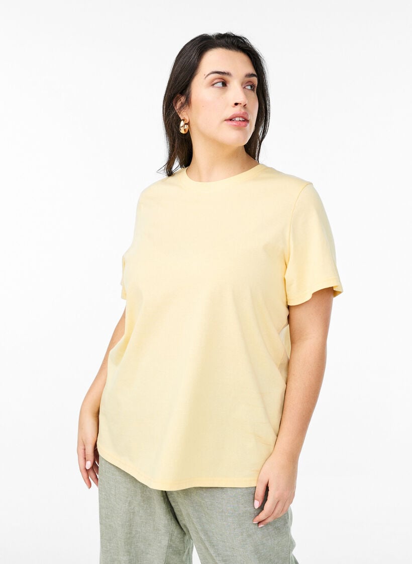 Basic katoenen T-shirt met ronde hals, Geel, Model image number 0