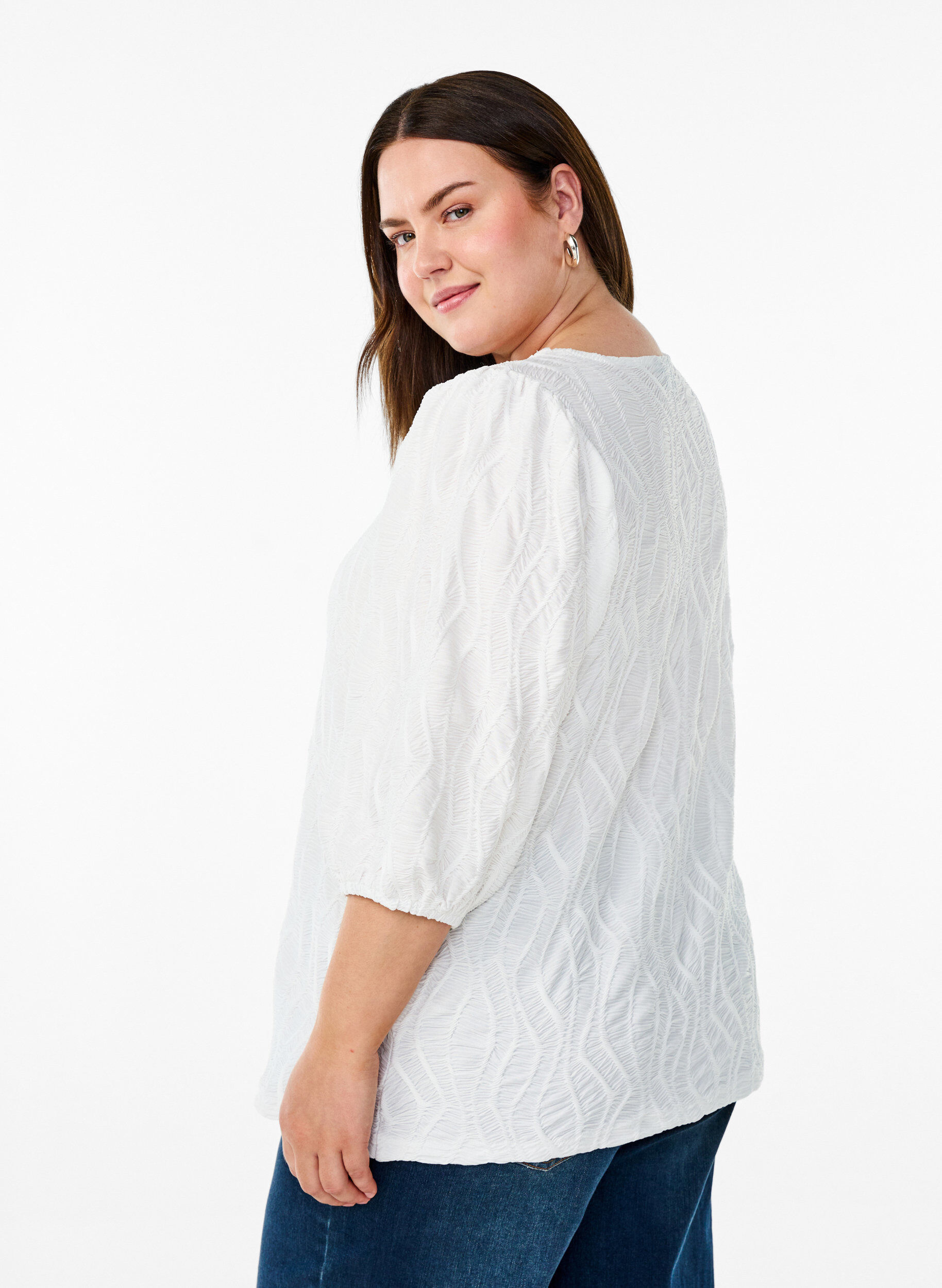 Zizzi Blouse met textuur en 3/4 mouwen, Wit, Model image number 2