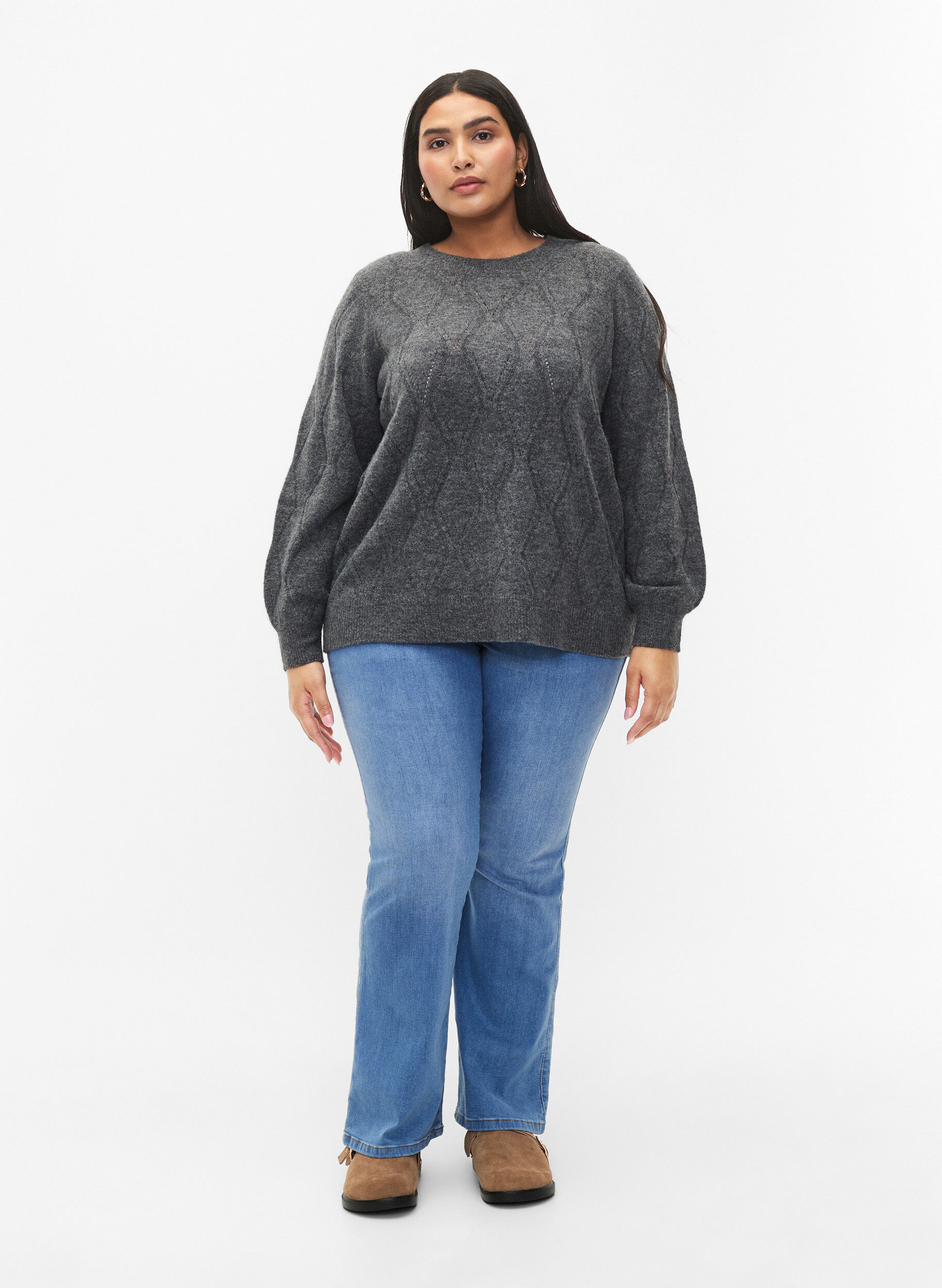 Zizzi Gebreide pullover met gaatjespatroon, Dark Grey Melange, Model image number 2