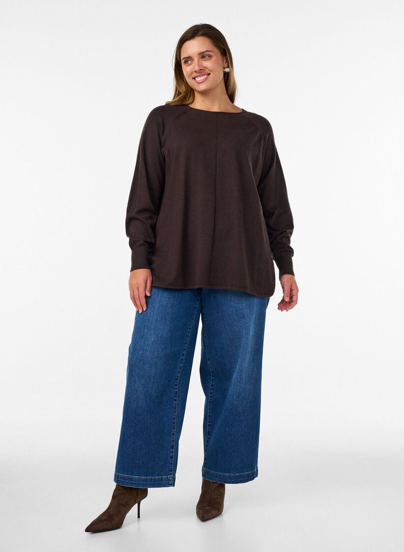Gebreide top met ronde hals en ingebreid patroon, Bruin, Model image number 1
