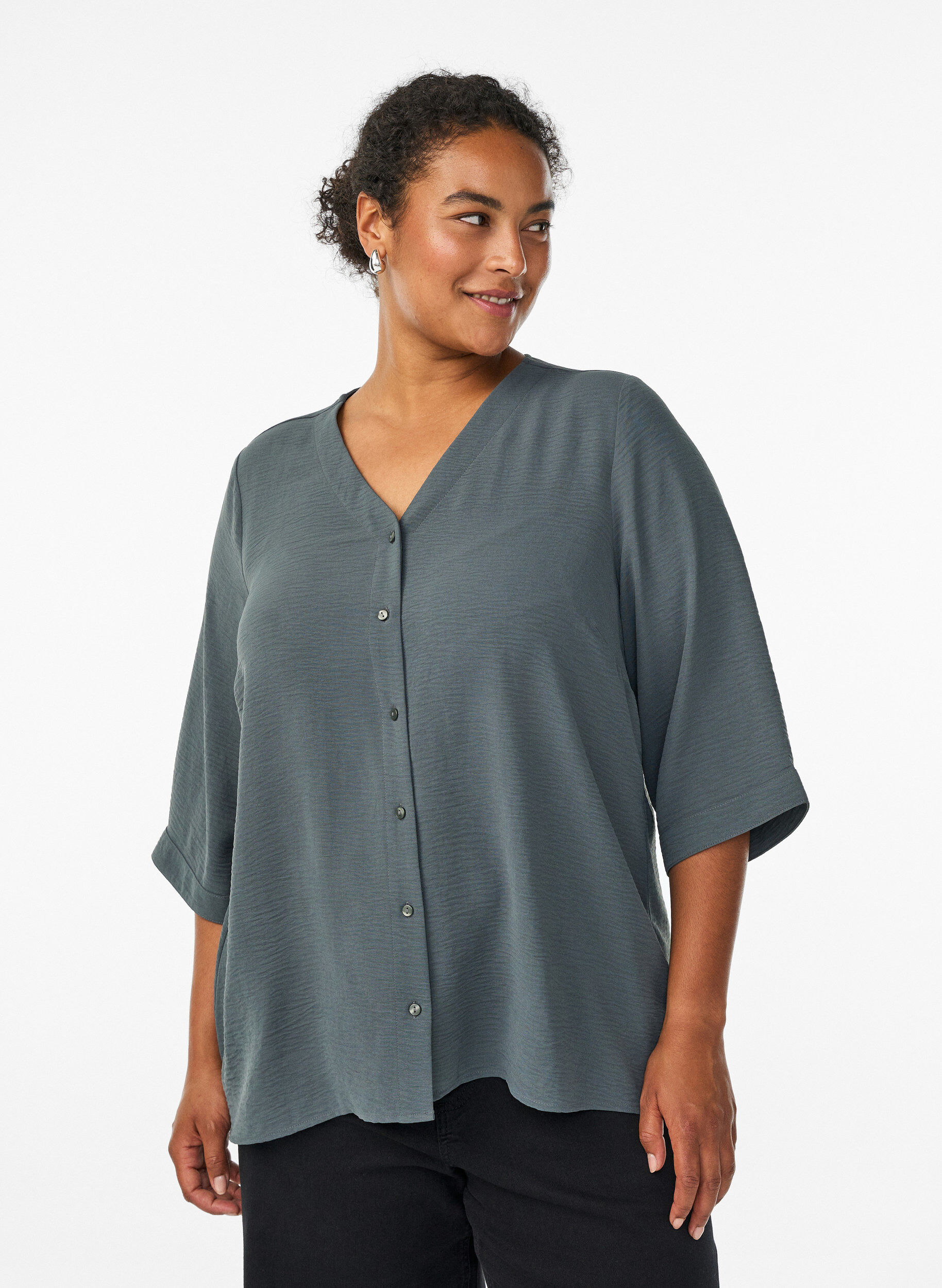 Shirtblouse met V-hals en 3/4 mouwen, Groen, Model