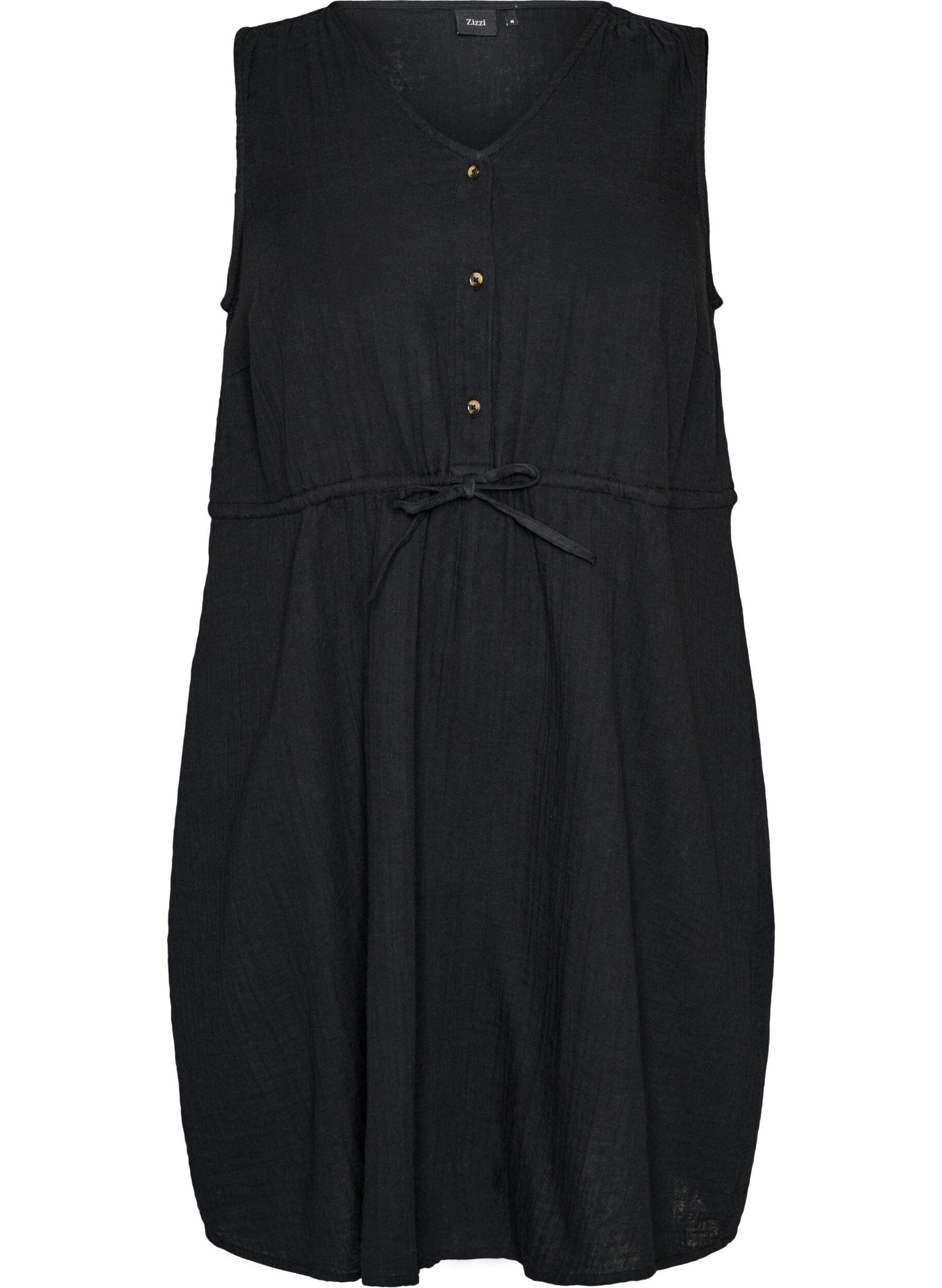 Zizzi Mouwloze katoenen mousseline jurk met strikkoord, Zwart, Packshot image number 0