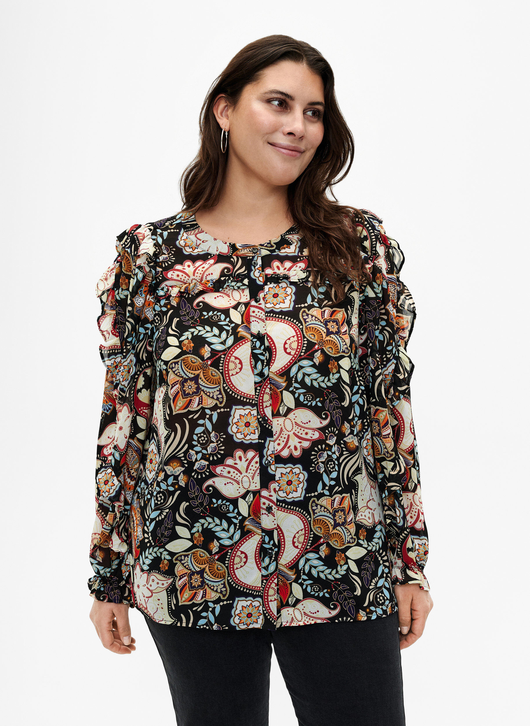 Zizzi Shirt blouse met ruches en paisleyprint, Black Paisley, Model image number 0