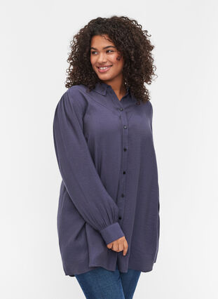Lange blouse in effen kleur en viscosemix, Odysses Gray, Model image number 0