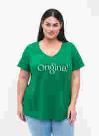 Katoenen t-shirt met tekstopdruk en v-hals, Jolly Green ORI, Model