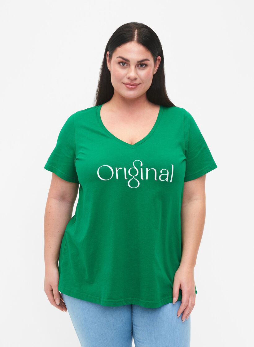 Katoenen t-shirt met tekstopdruk en v-hals, Jolly Green ORI, Model image number 0