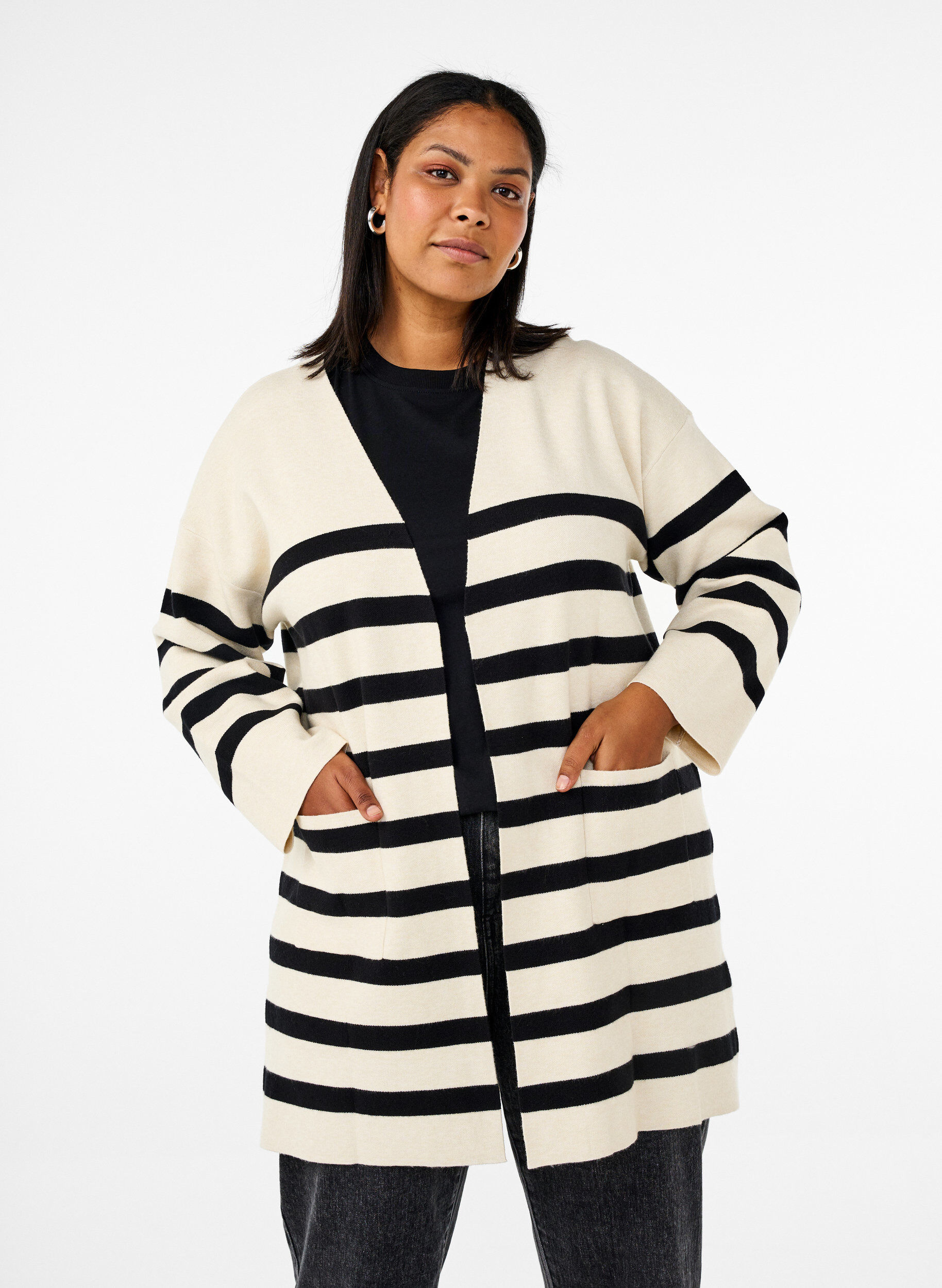 Zizzi Lange gestreepte gebreide cardigan, Birch w/Black, Model image number 0