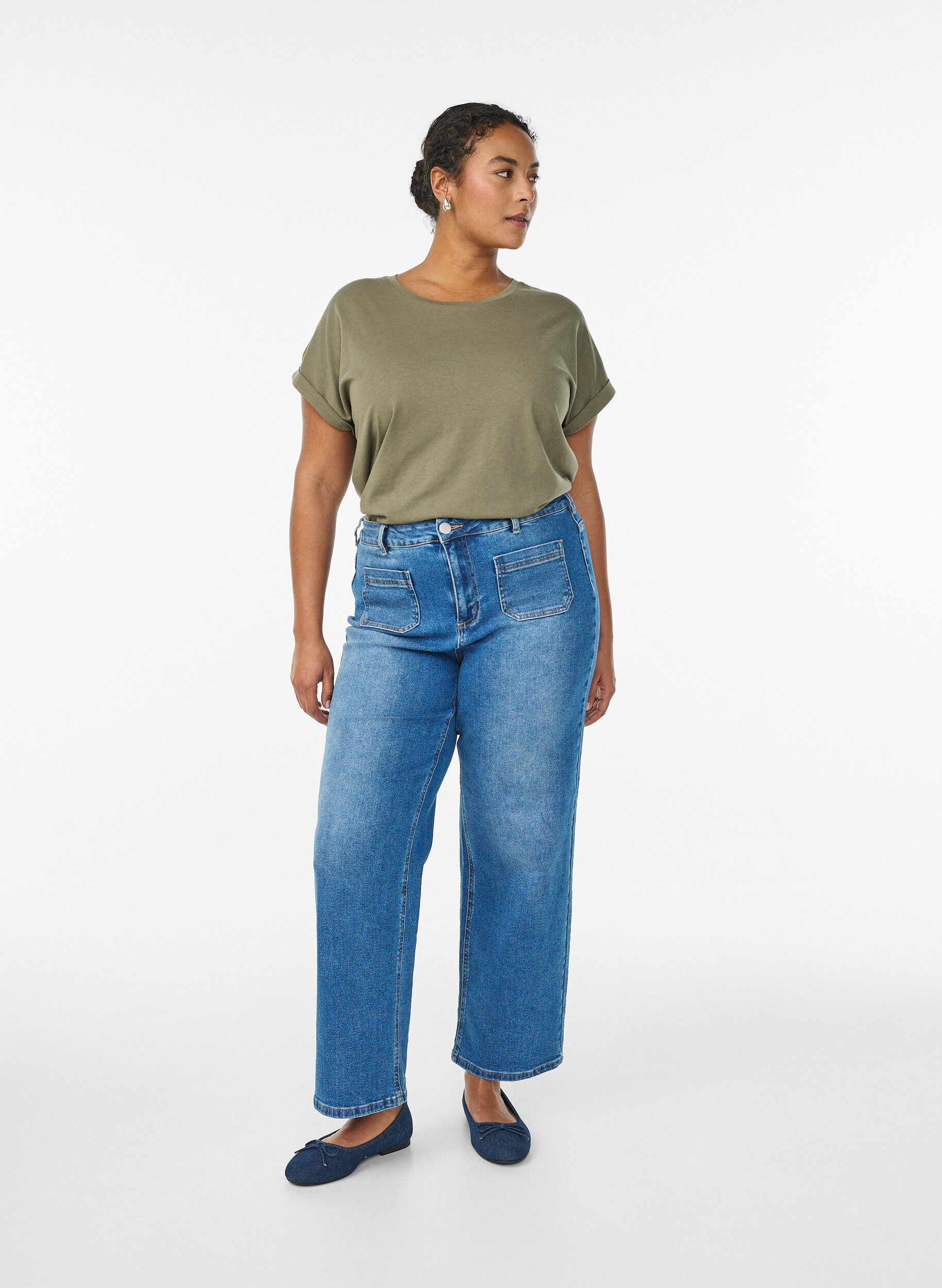 Zizzi T-shirt met korte mouwen van katoenmix, Groen, Model image number 1