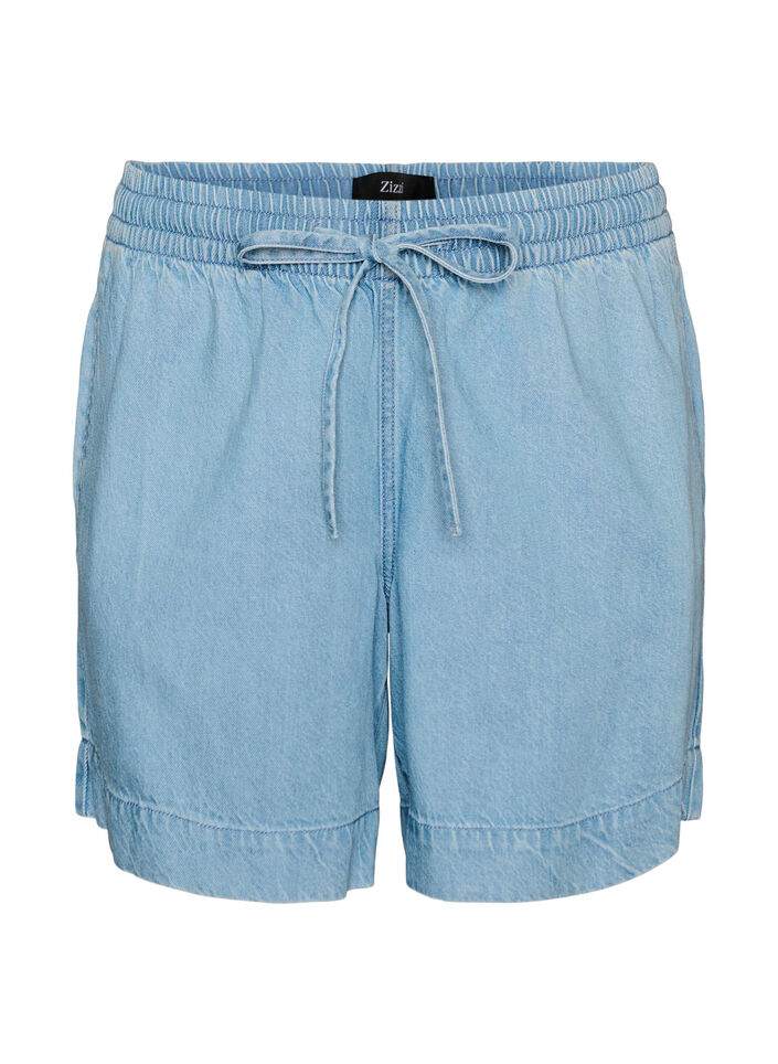 Denim-look shorts met een elastische tailleband en trekkoord, Blauw, Packshot image number 0