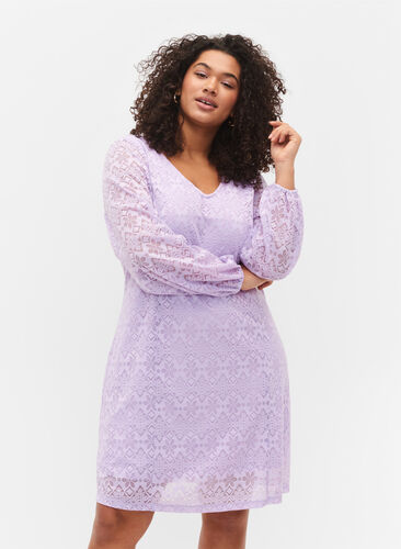 Kanten jurk met v-snit en lange mouwen, Pastel Lilac, Model image number 0