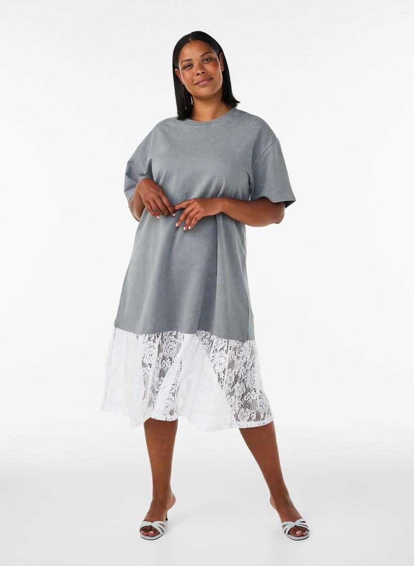 Losse T-shirt jurk met kanten afwerking, Grijs, Model image number 0