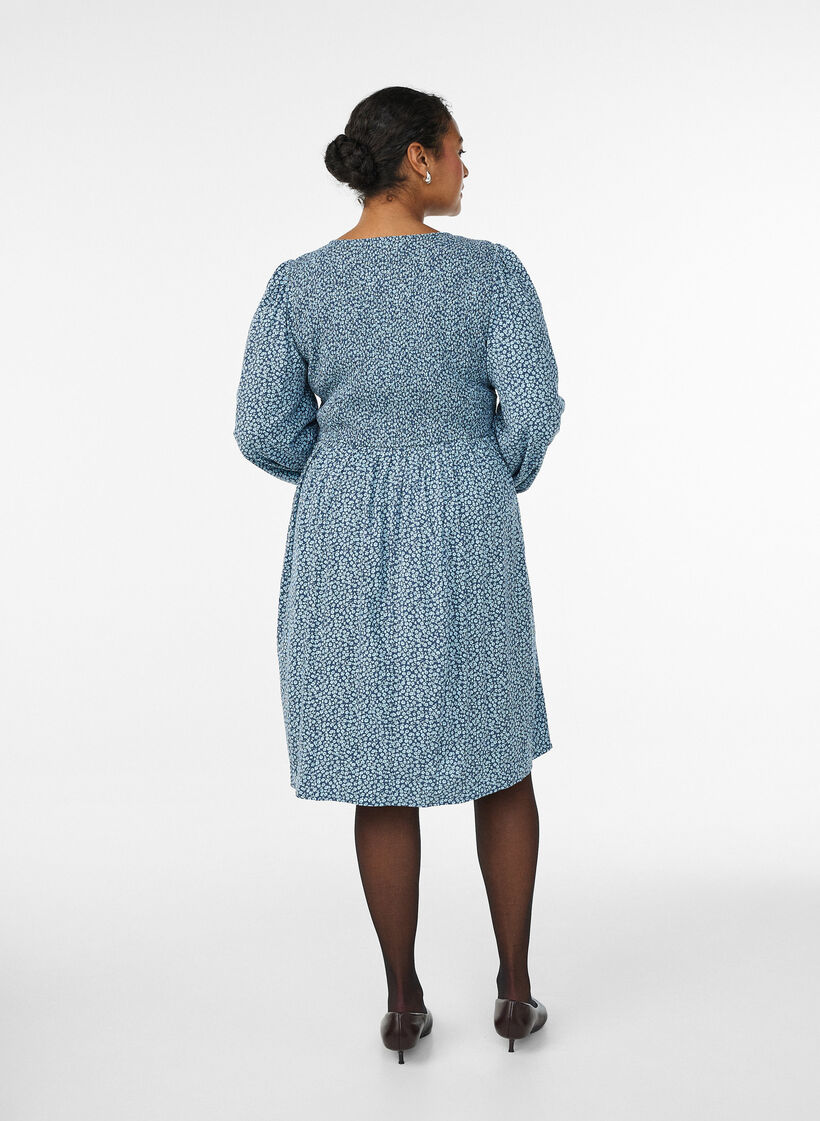 Jurk met een gesmokte top en fijn bloemetjespatroon, Blauw, Model image number 2