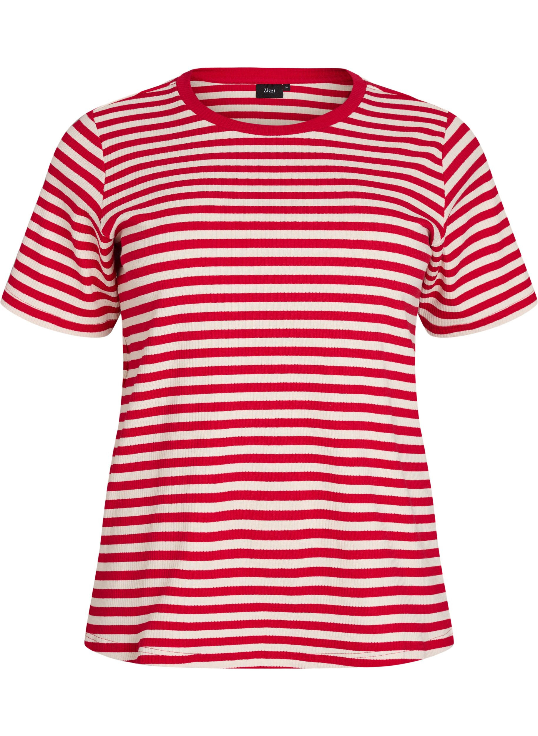 ZizziGestreept T-shirt met geribbelde textuur, Rood, Packshot image number 0