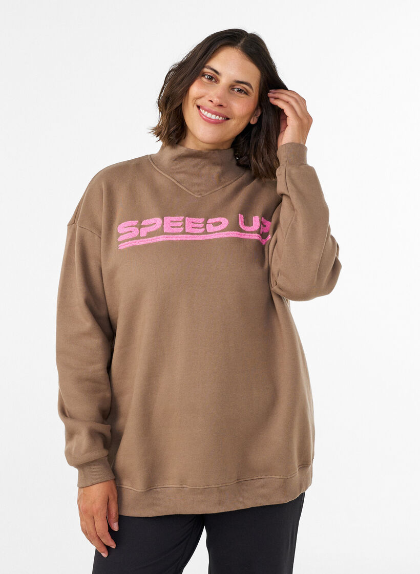 Sweatshirt met hoge hals en sportief motief op de voorkant, Bruin, Model image number 0
