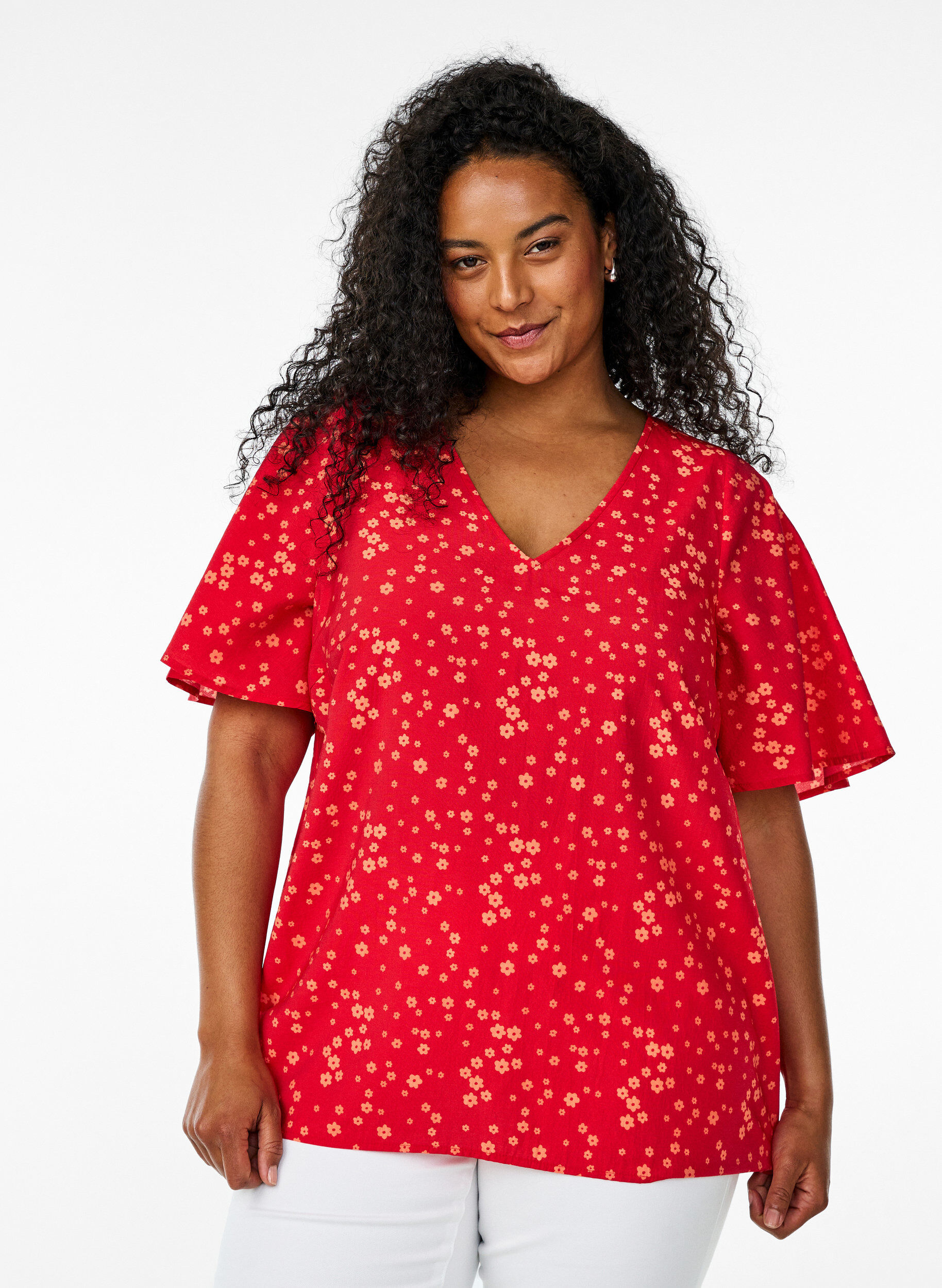 Zizzi Blouse met vleermuismouwen en bloemen, Rood, Model image number 0