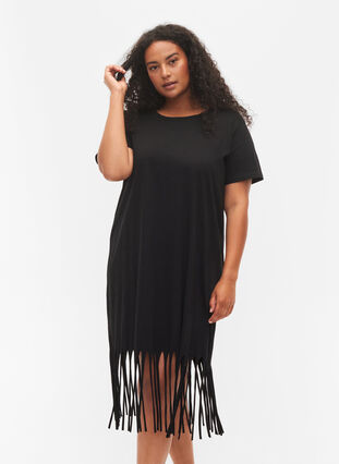 Katoenen jurk met korte mouwen en franje, Black, Model image number 0