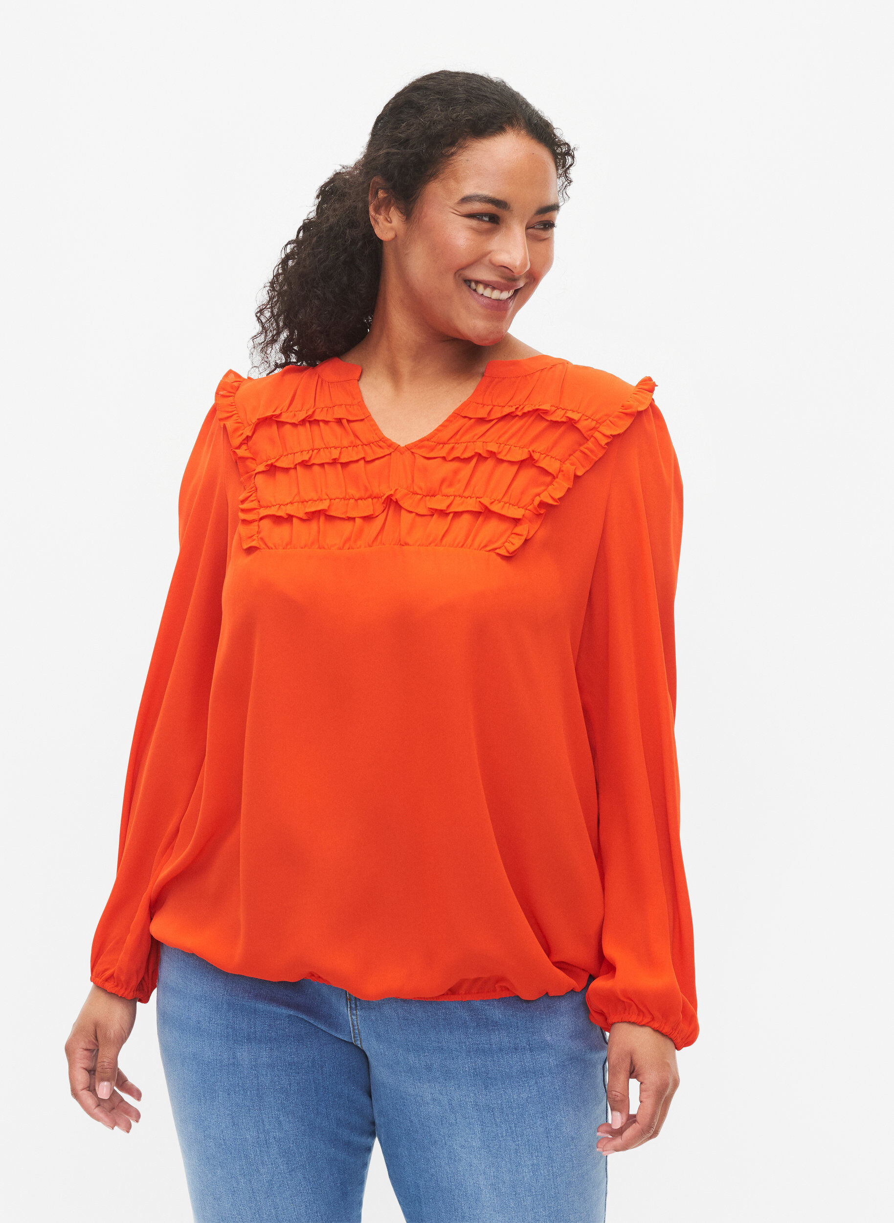 Zizzi Blouse met franjes en lange mouw, Orange.com, Model image number 0