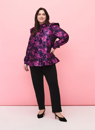 Gebloemde jacquard blouse met ruches, Dark Blue Pink, Model image number 2