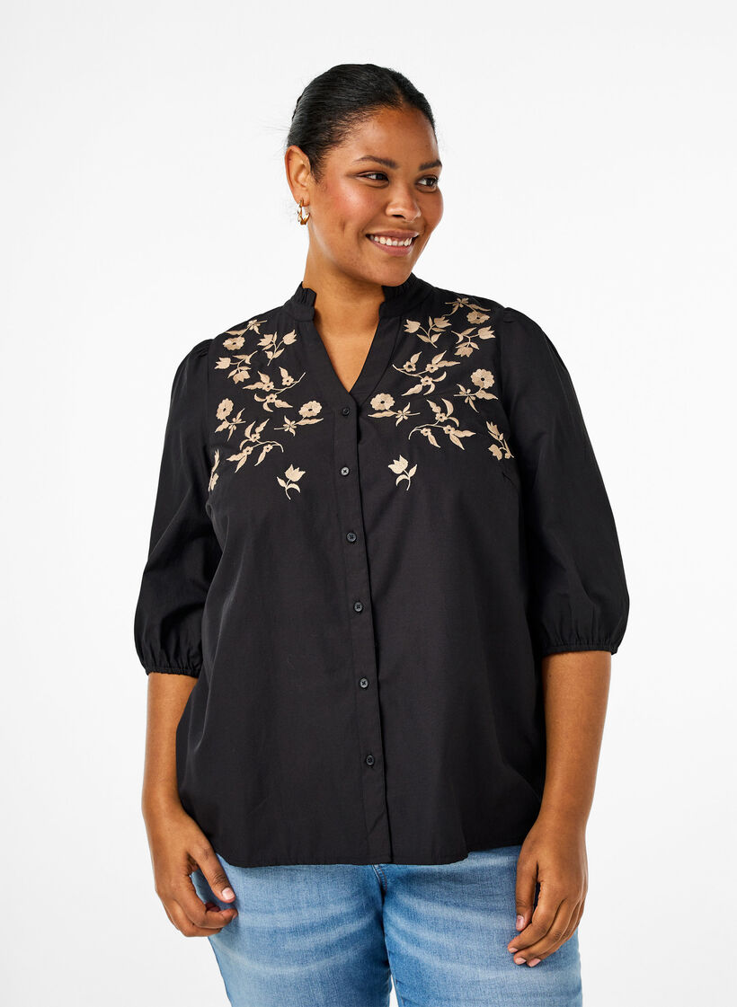 Overhemdblouse met geborduurde bloemen en 3/4 mouwen, Black W. Beige Emb. , Model image number 0