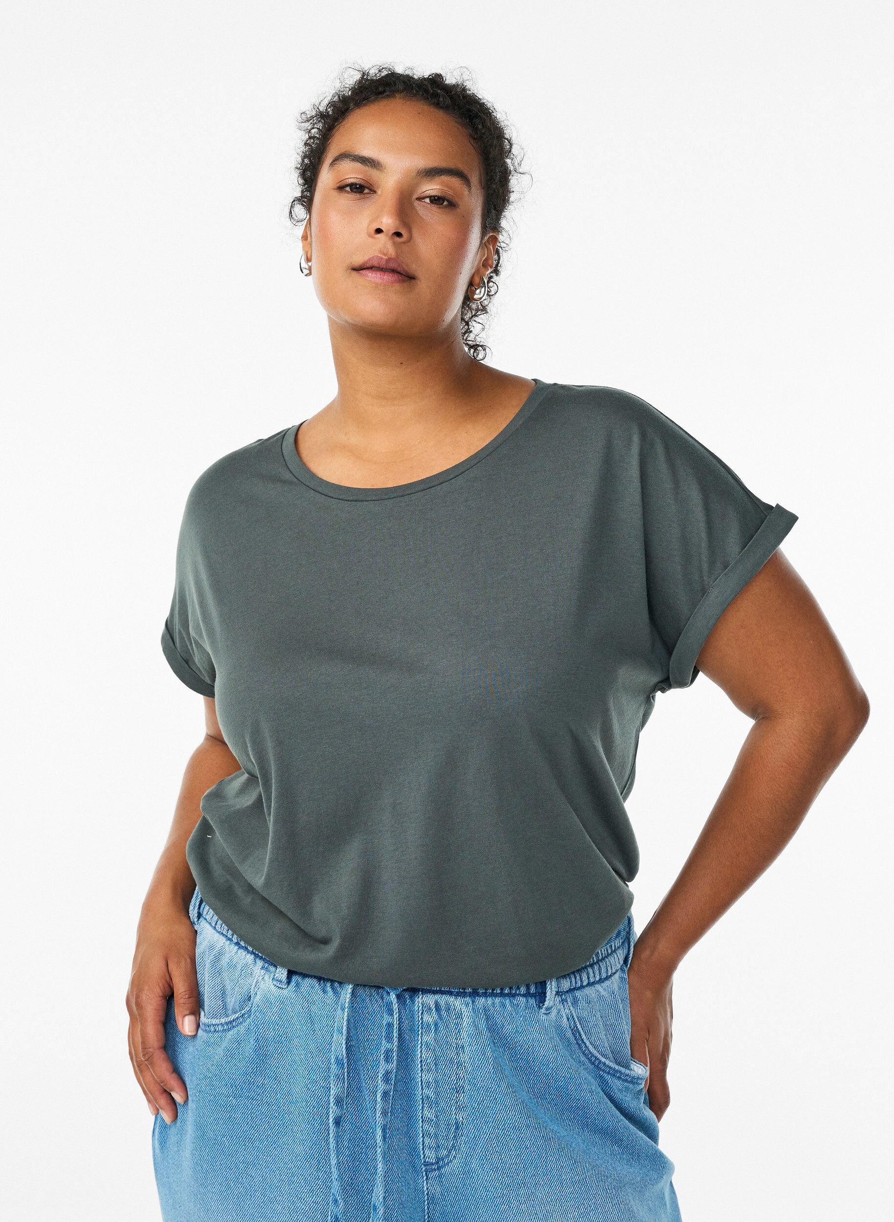 T-shirt met korte mouwen van katoenmix, Groen, Model