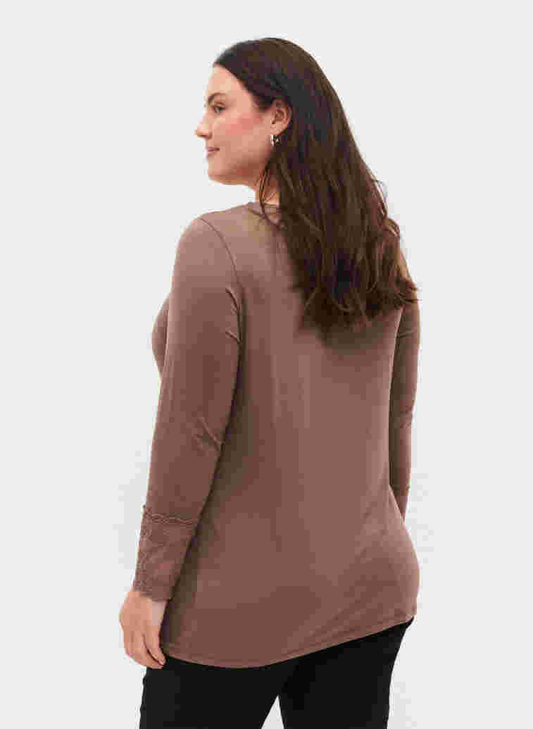 Viscose blouse met lange mouwen en kantdetails, Deep Taupe, Model image number 1