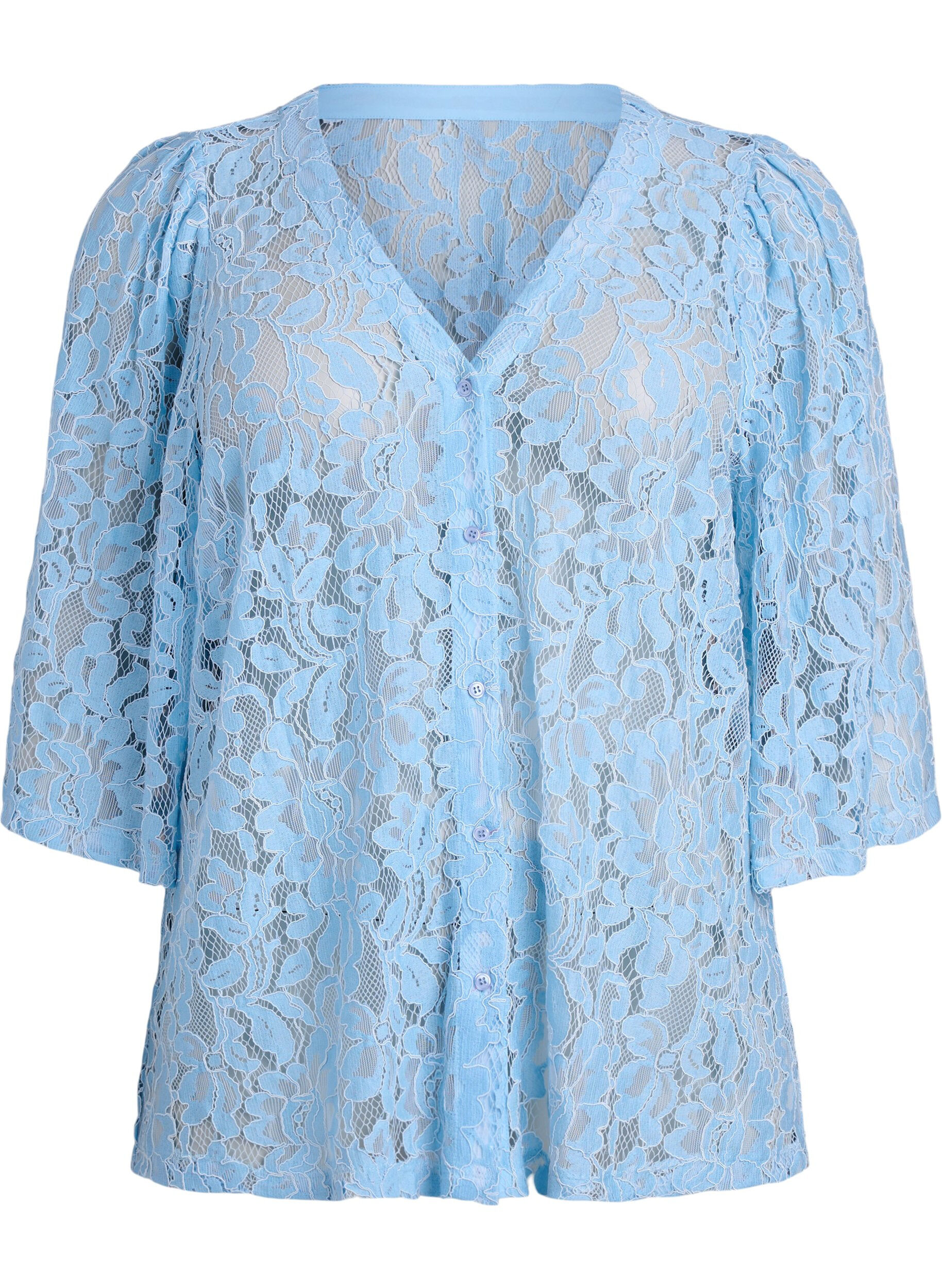 Zizzi Kanten blouse met korte mouwen en V-hals, Blauw, Packshot image number 0