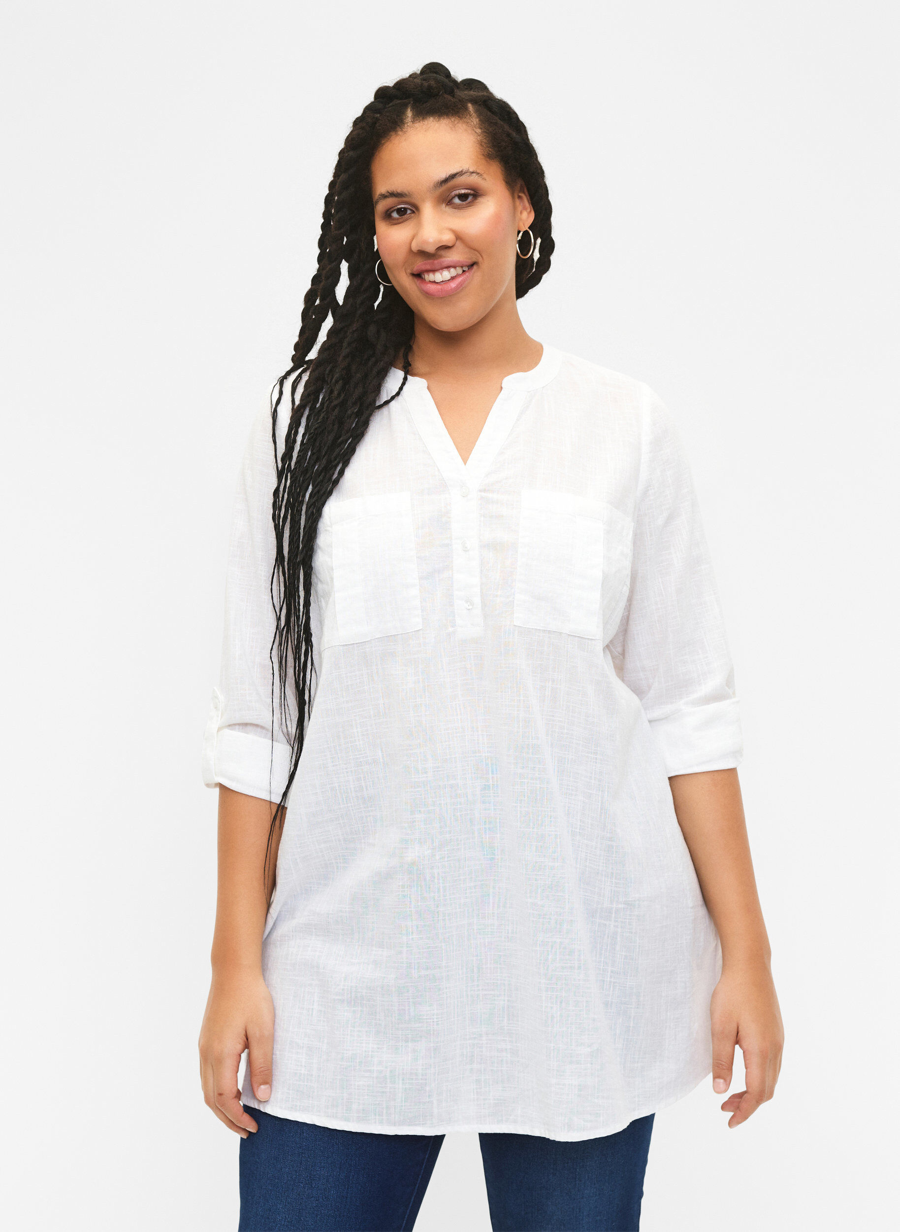 Zizzi Tuniek van katoen met 3/4 mouwen, Bright White, Model image number 0