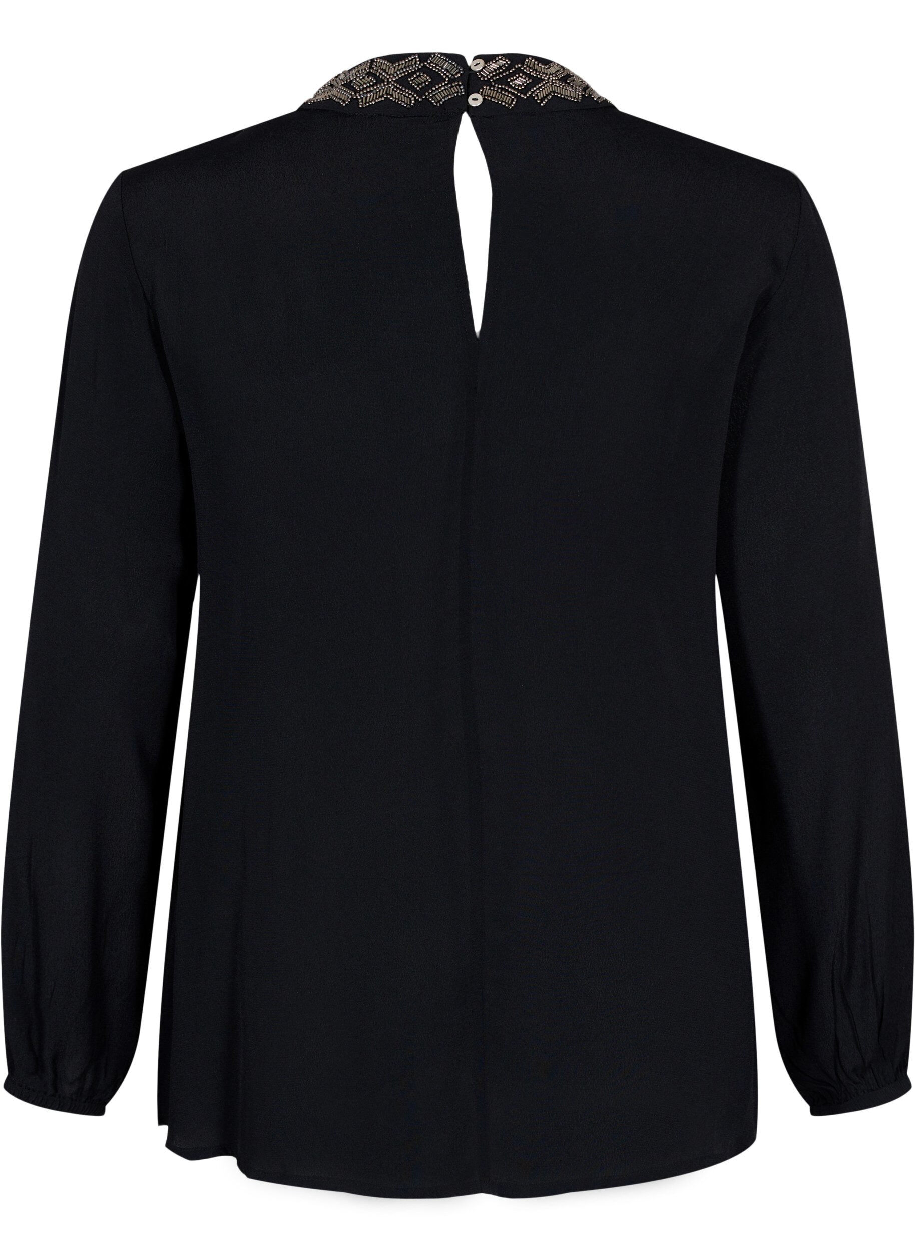 Zizzi Viscose blouse met lange mouwen en parels, Black, Packshot image number 1
