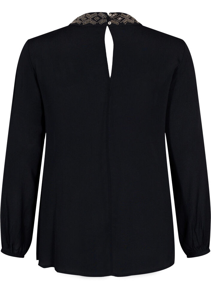 Viscose blouse met lange mouwen en parels, Black, Packshot image number 1