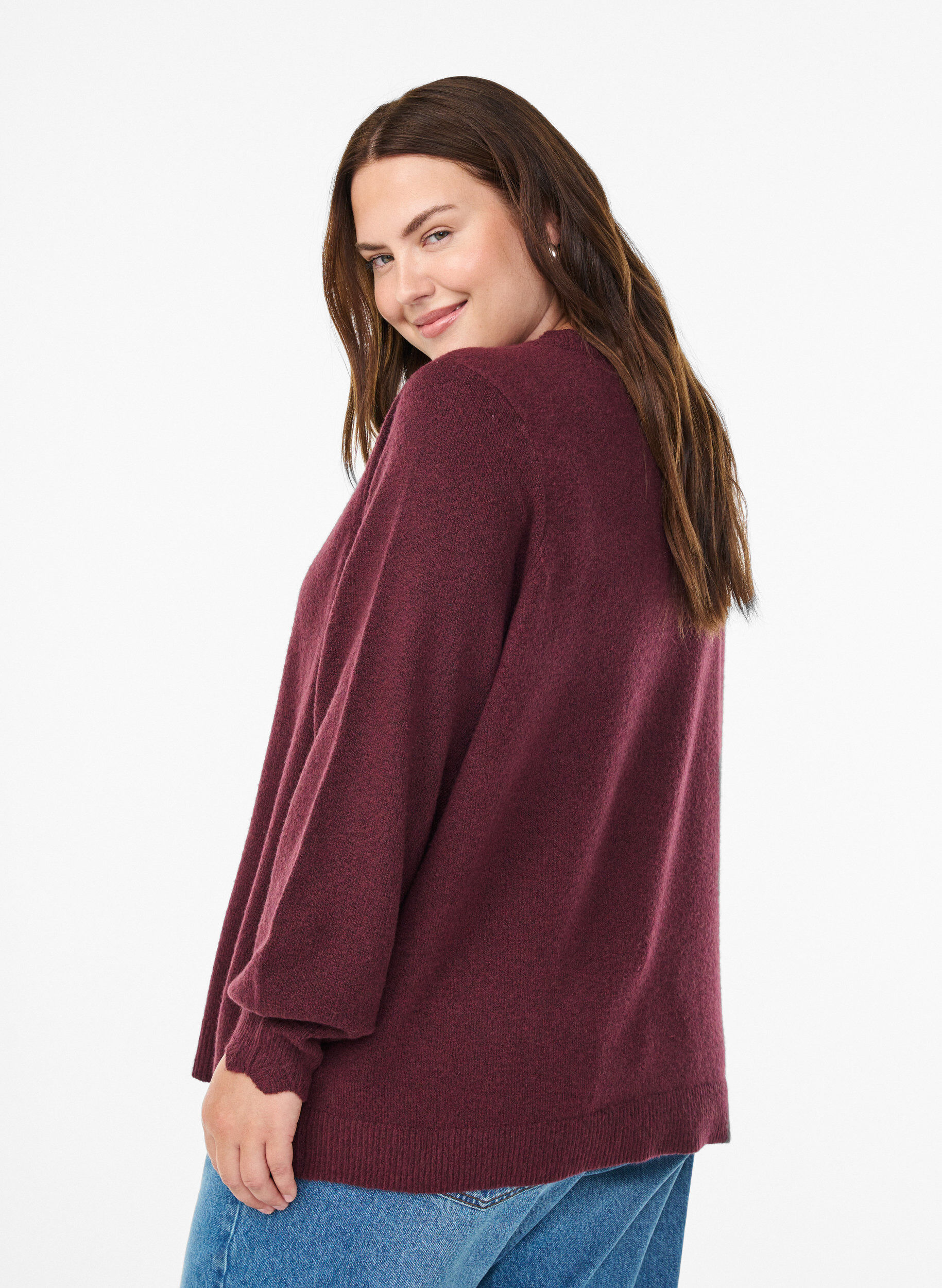 Zizzi Gebreide blouse met golvende randen, Donker Bordeaux, Model image number 2