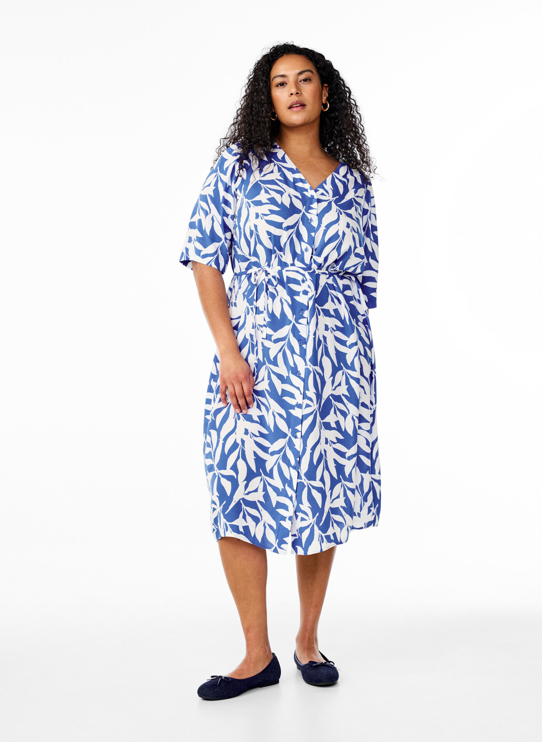 Zizzi Jurk met print en strikceintuur, Blauw, Model image number 1