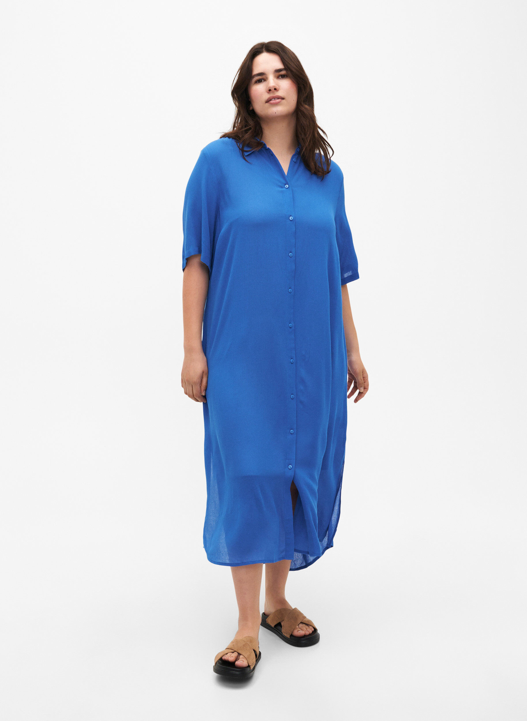 Zizzi Viscose overhemdjurk met korte mouwen, Victoria blue, Model image number 0