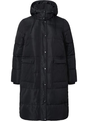 Gewatteerde jas met zakken en capuchon, Black, Packshot image number 0